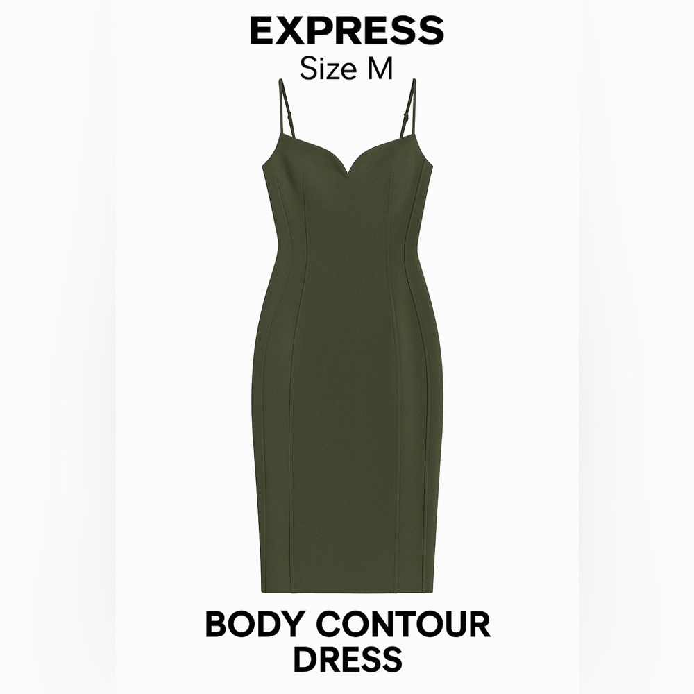 Express Women's Midi Bodycon Sweater Dress Olive Green V-Neck Stretch - Picture 2 of 4